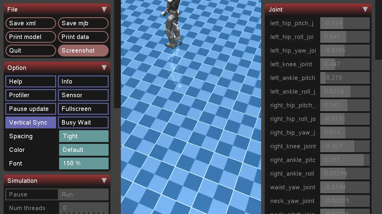 MuJoCo native viewer showing the Asimov 1 humanoid standing on a checkered floor, with a joint panel listing live angles for all 25 joints.