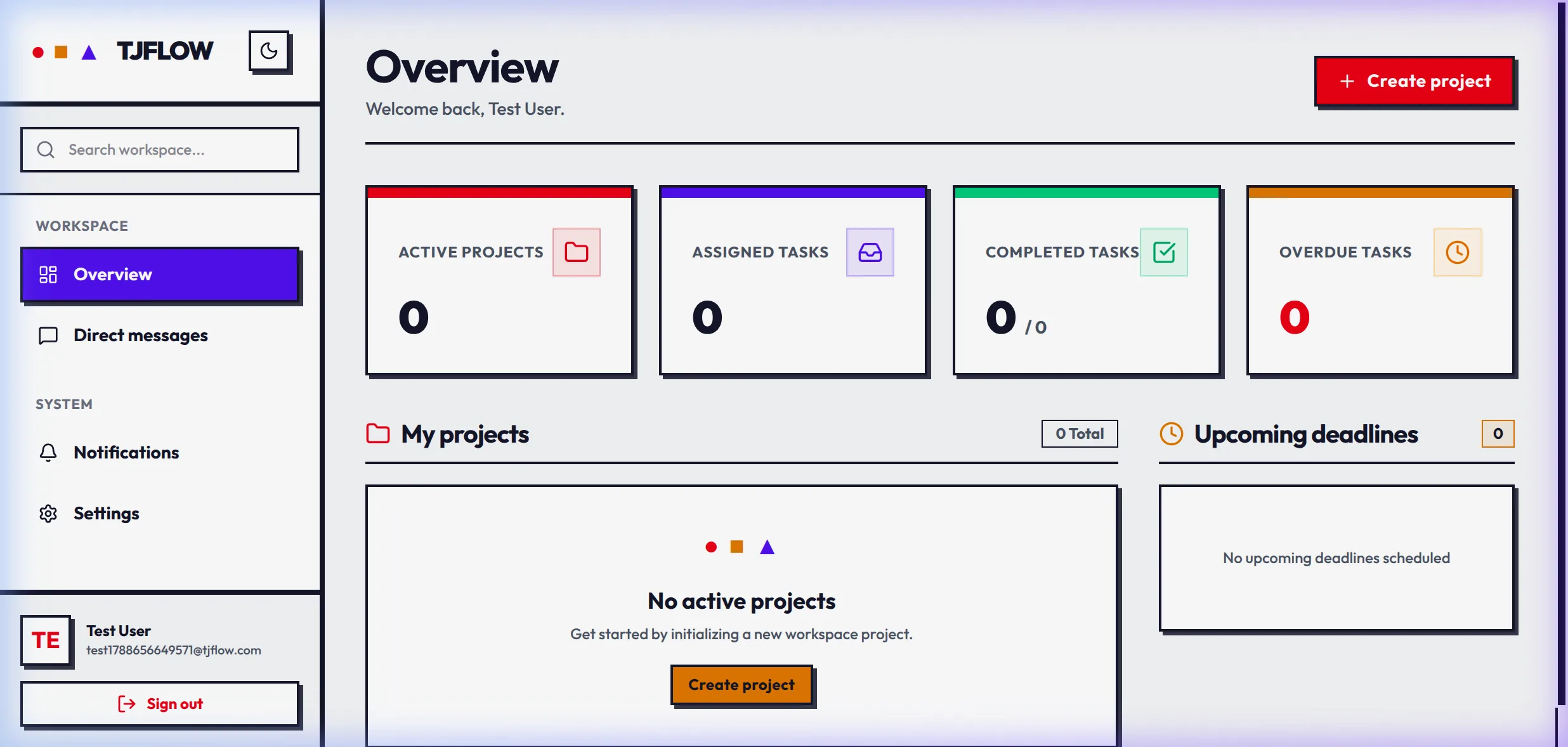 TJFLOW dashboard with four stat cards, a My projects panel and an Upcoming deadlines panel, all empty